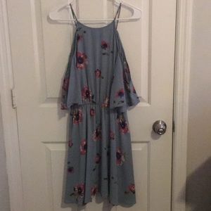 Blue Open-Shoulder Dress with Purple Floral Design